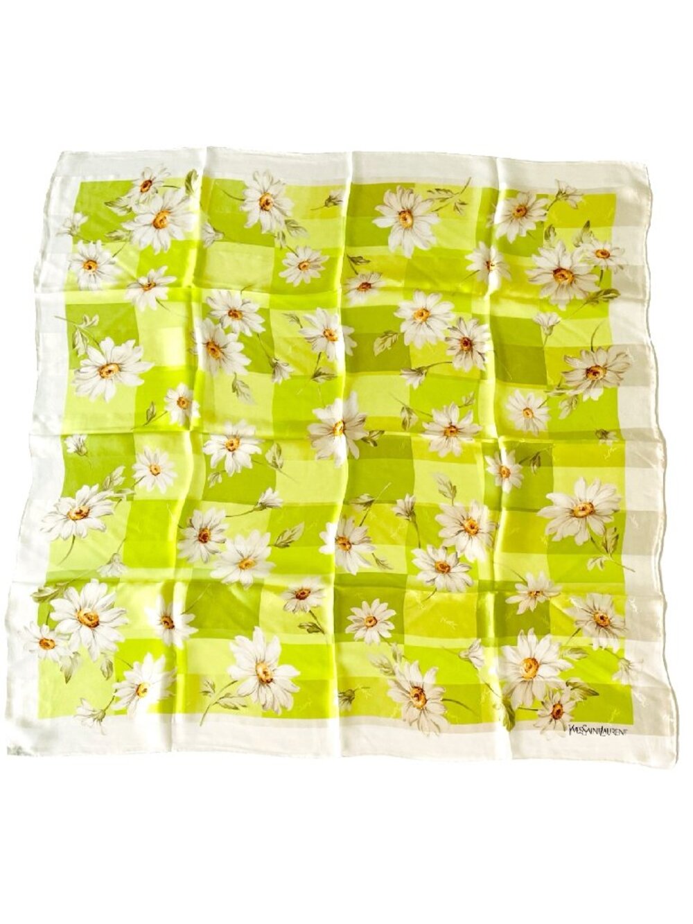 Vintage Yves Saint Laurent Silk Chiffon Scarf Daisy Floral 34” Sheer Rolled Hem